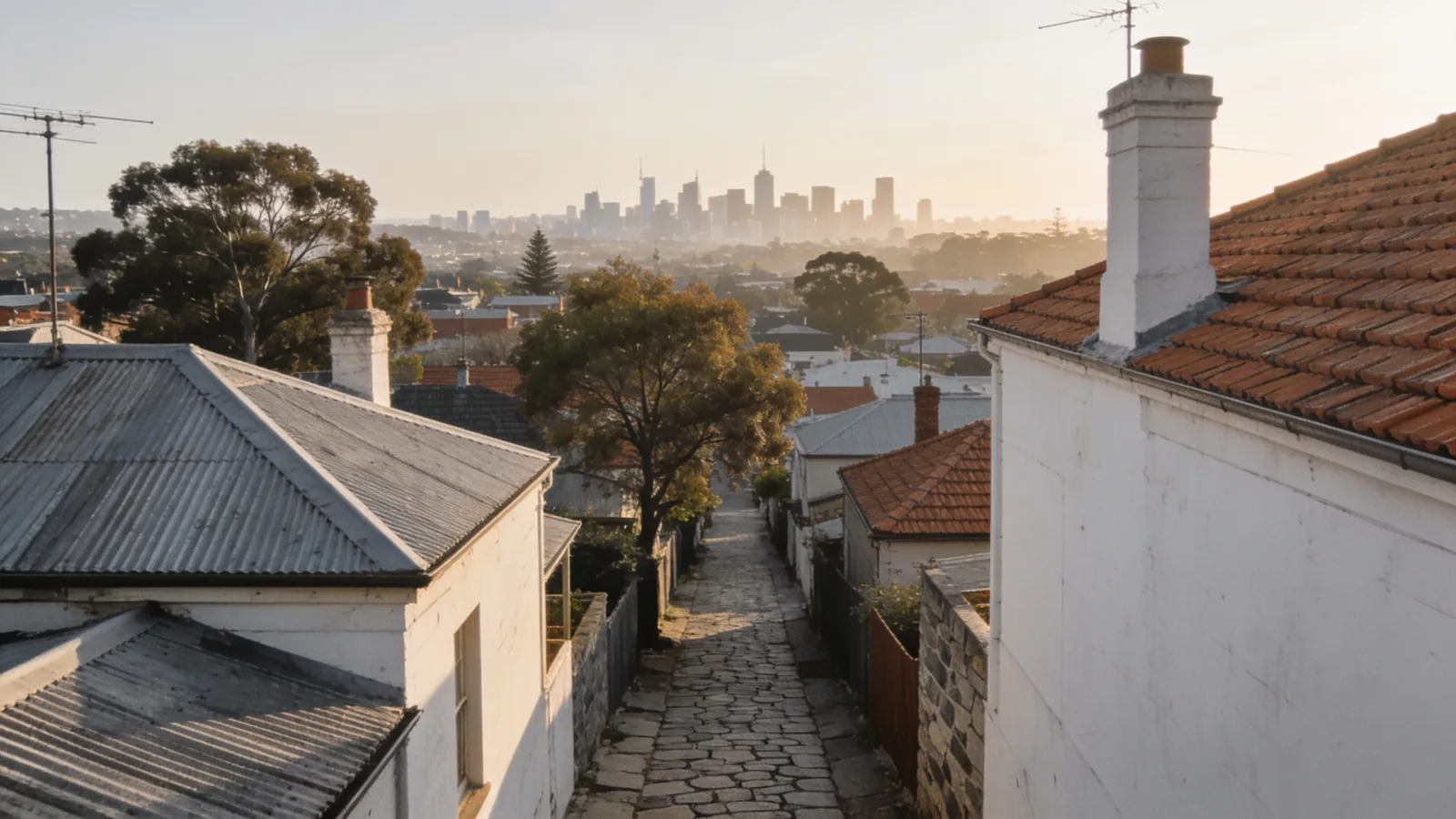 Elevated view across inner suburban Melbourne rooftops with the city skyline in the distance