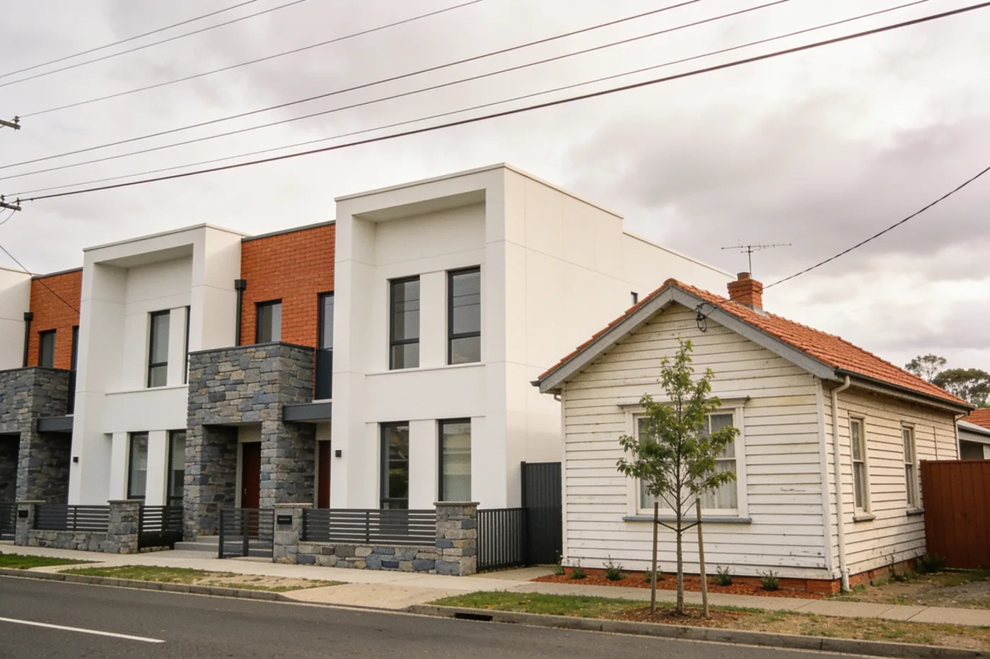 A weatherboard cottage beside newly built townhouses in Melbourne’s northern suburbs