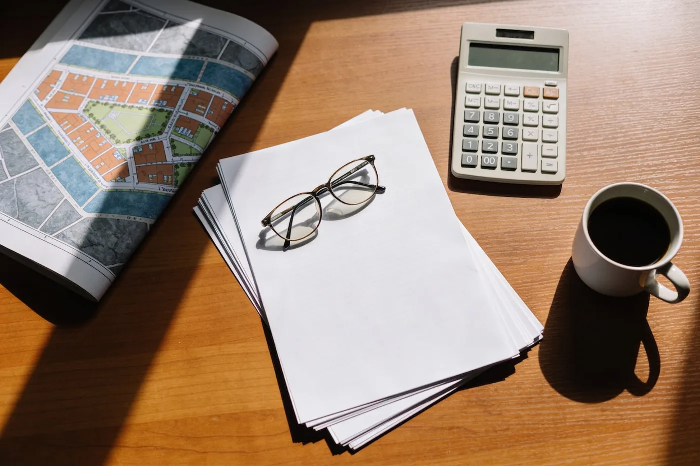 A desk with a folded property plan, documents, reading glasses and a calculator