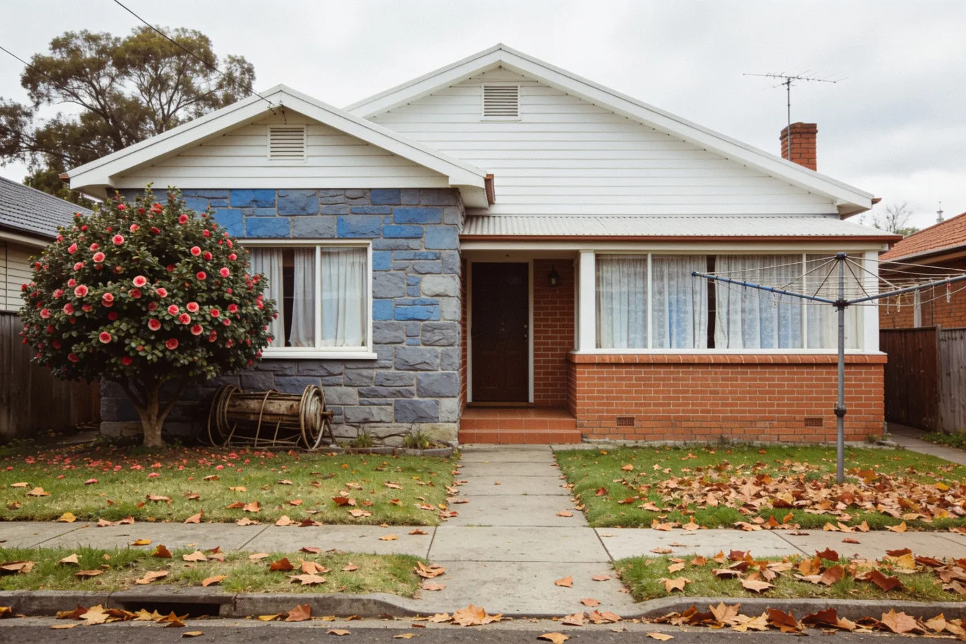 A quiet post-war brick and weatherboard family home in suburban Melbourne